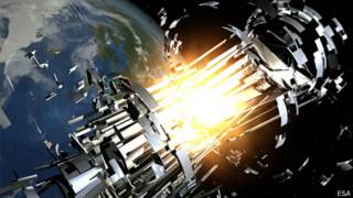 Representação artística de uma explosão de destroços na órbita da Terra (Imagem: Agência Espacial Europeia)