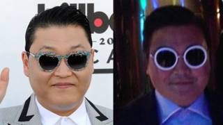 El verdadero (izq., foto: Getty) y el falso Psy (der., foto: Naomie Harris)