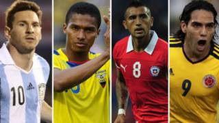Lionel Messi, Antonio Valencia, Arturo Vida, and Radamel Falcao