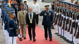 Burmese President U Thein Sein arrives at Philippines airport.