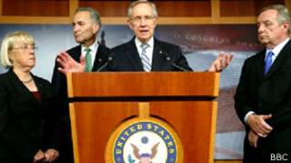 Senator patty Murray, Senator Charles Schumer, senate majority leader Harry Reid, Senator Dick Durbin holding press conference at US capitol.