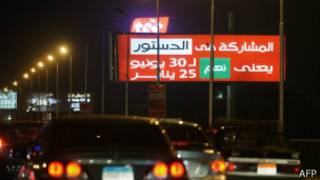 A sign promotes for the referendum on the Egyptian Constitution
