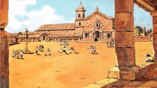 Pintura que muestra a los guaraníes jugando fútbol en las misiones jesuíticas.
