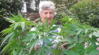 Patricia Hewitson ao lado do pé de maconha (Foto: BBC)