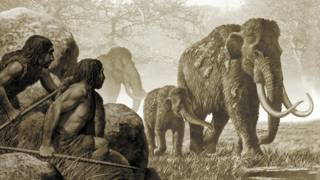 Dibujo de una escena de caza de un neandertal