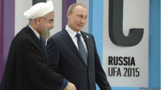 Президент Ирана Хасан Роухани и президент России Владимир Путин на саммите БРИКС в Уфе
