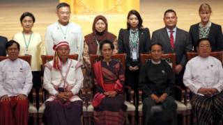 Speakers of parliament and foreign parliamentary representatives ahead of a workshop to train newly elected Burmese lawmakers
