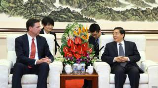 中国公安部长郭声琨星期一(3月14日)在会见到访的美国联邦调查局(FBI)局长科米