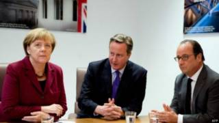 英國首相卡梅倫與德國總理默克爾和法國總統奧朗德