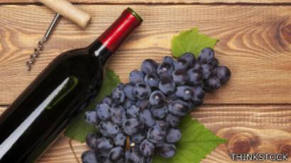 Botella de vino tinto y uvas