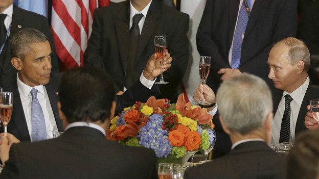 Putin y Obama en un banquete ofrecido por Ban Ki Moon