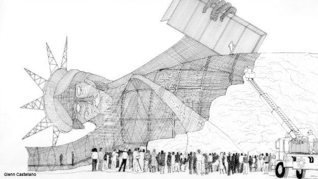 Estatua de la Libertad recubierta de hamburguesas, de Marta Minujín. Exposición bajo un mismo sol. Arte de América Latina hoy
