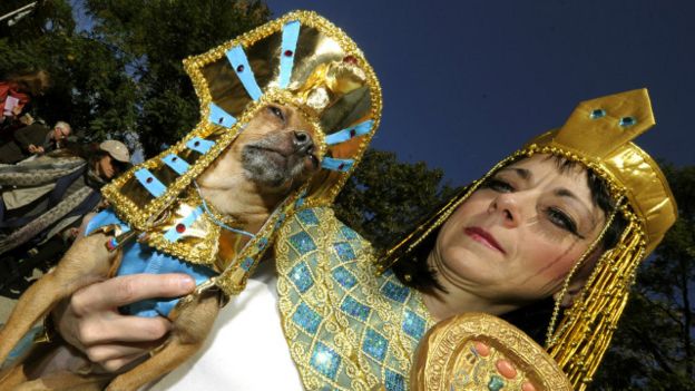 Una persona y un perro disfrazados al estilo del antiguo Egipto