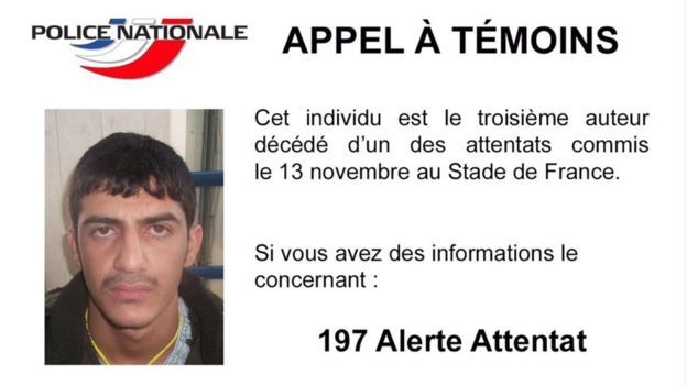 Foto del tercer atacante suicida fuera del estadio en París divulgada por la policía