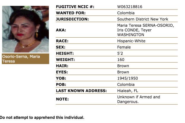 Ficha de María Teresa Osorio de Serna en la división de Nueva Jersey de la DEA