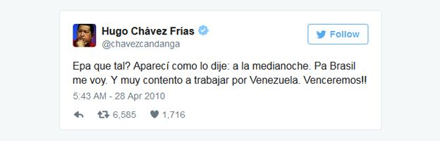 Primer tweet de Hugo Chávez