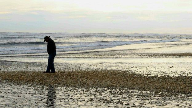 Un hombre camina por una playa llena de moluscos