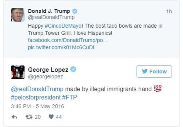 El actor y comediante de ascendencia mexicana George López dijo en su cuenta de Twitter que el plato probablemente había sido preparado por inmigrantes indocumentados, un grupo que Trump se ha comprometido a deportar.