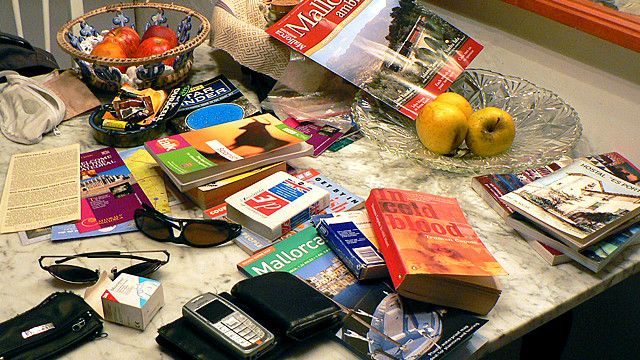 items scattered over a table