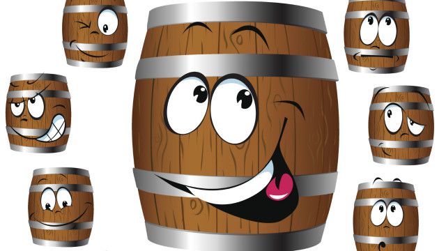 Images of wooden barrels pulling funny faces
