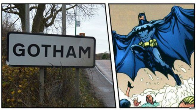 Imagen compuesta del poblado de Gotham y de Batman 