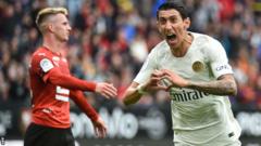 Angel di Maria celebrates scoring for Paris St-Germain against Rennes