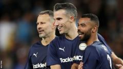 Robin van Persie (centre) celebrated his second half goal with Ryan Giggs (left) and Ashley Cole (right)