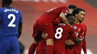 Liverpool players celebrate Naby Keita's opening goal