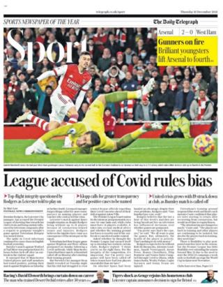 Thursday's Telegraph back page with the headline 'League accused of Covid rules bias'