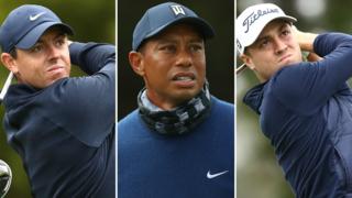 Rory McIlroy (left), Tiger Woods (centre) and Justin Thomas (right)
