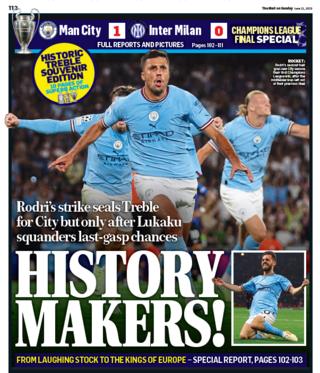 Sunday's Mail back page with the headline 'history makers!' and an image of City celebrating