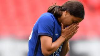 Sam Kerr reacts to a missed chance against Manchester City during the Women's Community Shield