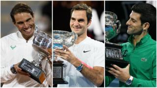 A split picture of Rafael Nadal, Roger Federer and Novak Djokovic with throphies