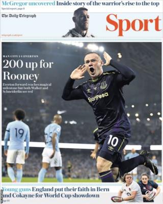 The Telegraph sports section leads with Wayne Rooney scoring his 200th Premier League goal...