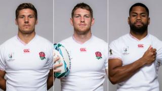 England's Piers Francis, Ruaridh McConnochie and Joe Cokanasiga