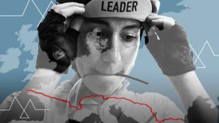 A graphic showing Fiona Kolbinger’s route across Europe superimposed on her portrait photo