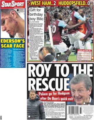 The Star's back page sport leads with Roy Hodgson's expected appointment at Crystal Palace