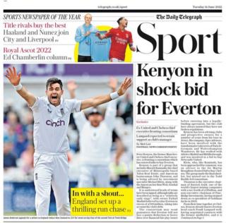 The front page of the Sport section of The Daily Telegraph