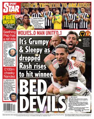 Sunday's Star back page with the headline 'Bed Devils' and a picture of Marcus Rashford celebrating