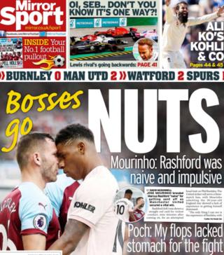 The Mirror leads on Marcus Rashford's red card for Manchester United