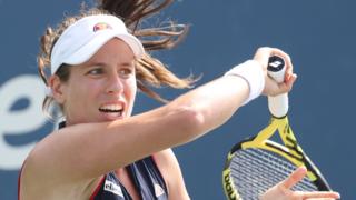 Johanna Konta after hitting a forehand
