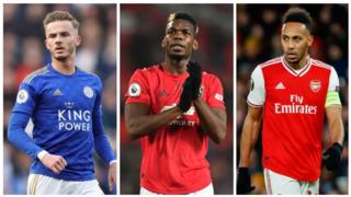 Leicester midfielder James Maddison, Manchester United midfielder Paul Pogba and Arsenal striker Pierre-Emerick Aubameyang