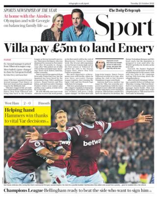 Tuesday's Telegraph back page: Villa pay £5m to land Emery