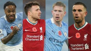 Raheem Sterling, Diogo Jota, Kevin de Bruyne and Jordan Henderson in action at Etihad Stadium