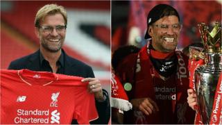 Jurgen Klopp, at his unveiling in 2015 (left) and with the Premier League trophy in 2020 (right)