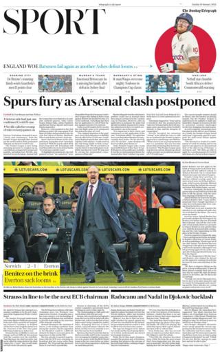 The front page of the Sunday Telegraph sports section