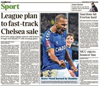 Friday's Times back page with the headline 'League plan to fast-track Chelsea sale'