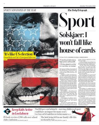 Saturday's Telegraph back page with the headline Solskjaer: I won't fall like a house of cards