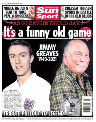 Monday's Sun back page with a picture of Jimmy Greaves with the headline 'it's a funny old game'