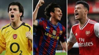 Cesc Fabregas, Lionel Messi and Gabriel Martinelli